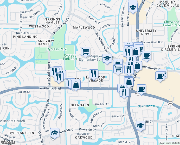 map of restaurants, bars, coffee shops, grocery stores, and more near 848 Twin Lakes Drive in Coral Springs