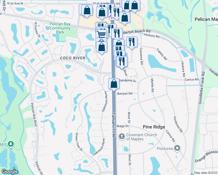 map of restaurants, bars, coffee shops, grocery stores, and more near 47665 Oakmont Parkway in Naples