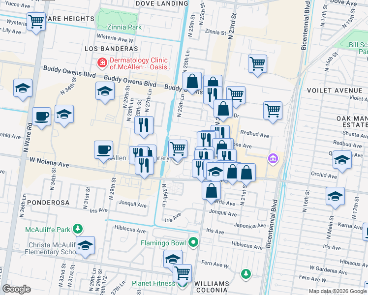 map of restaurants, bars, coffee shops, grocery stores, and more near 4101 North 24th Lane in McAllen