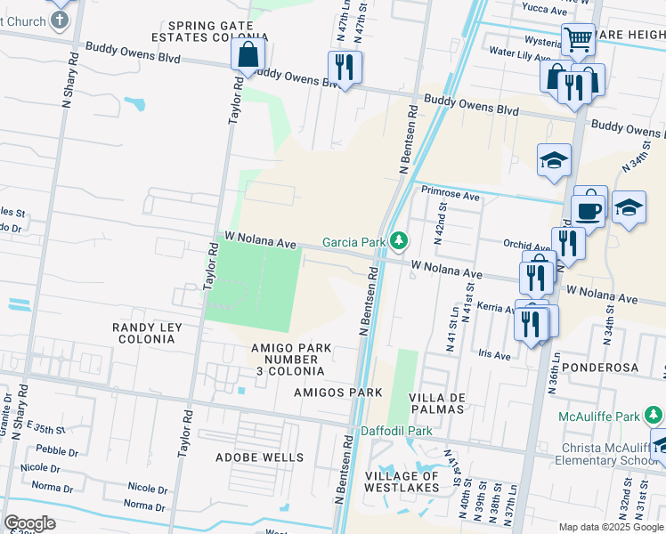 map of restaurants, bars, coffee shops, grocery stores, and more near 3901 North Bentsen Road in McAllen