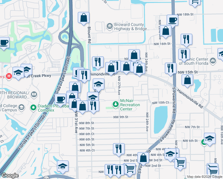 map of restaurants, bars, coffee shops, grocery stores, and more near 1279 Northwest 27th Avenue in Pompano Beach