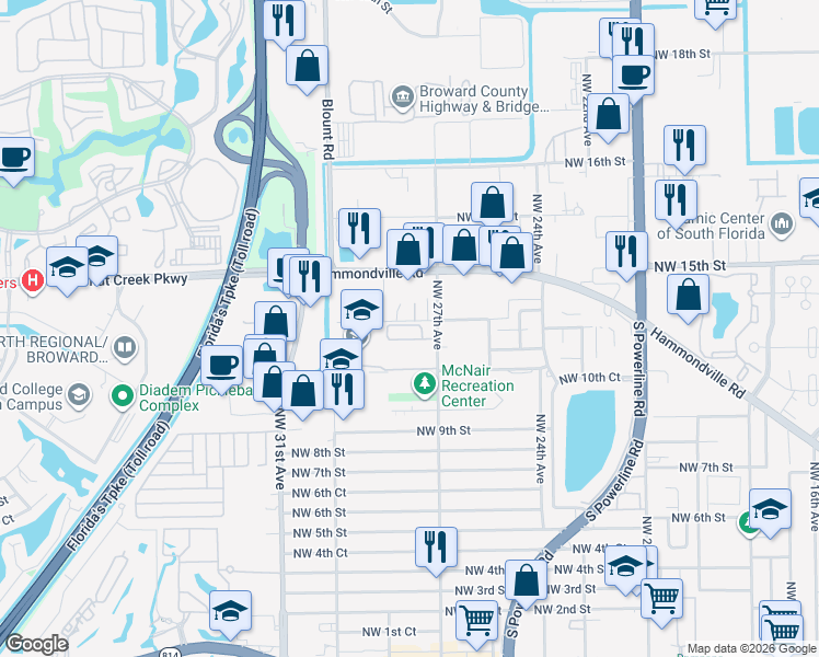 map of restaurants, bars, coffee shops, grocery stores, and more near 1279 Northwest 27th Avenue in Pompano Beach