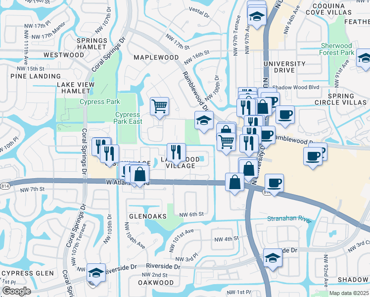 map of restaurants, bars, coffee shops, grocery stores, and more near 10300 Northwest 11th Manor in Coral Springs