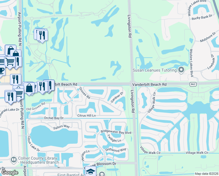 map of restaurants, bars, coffee shops, grocery stores, and more near 7822 Gardner Drive in Naples