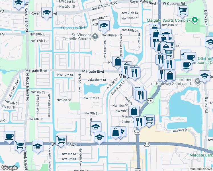 map of restaurants, bars, coffee shops, grocery stores, and more near 6278 Lakeshore Drive in Margate