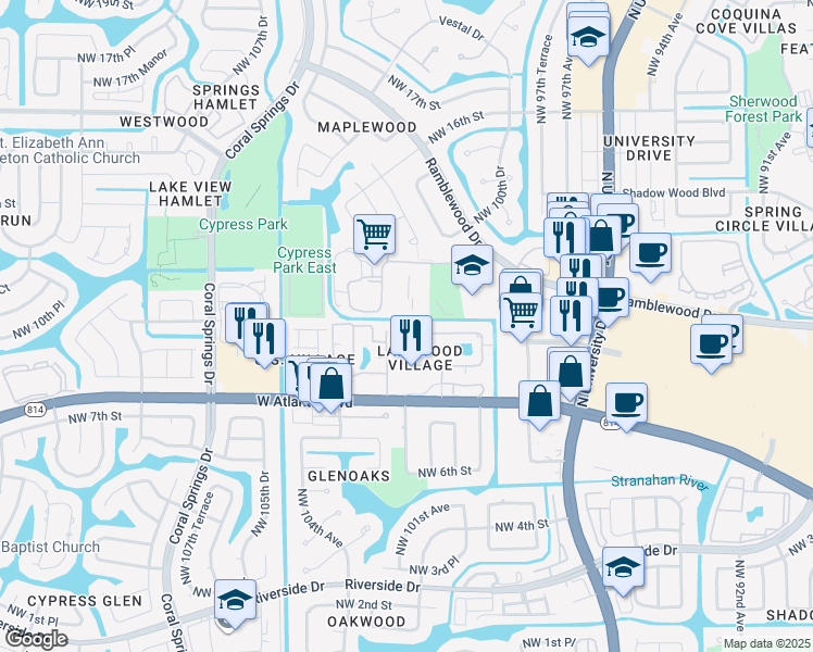 map of restaurants, bars, coffee shops, grocery stores, and more near 10300 Northwest 11th Manor in Coral Springs