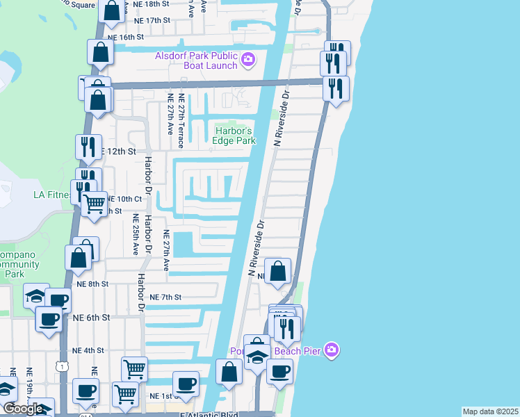 map of restaurants, bars, coffee shops, grocery stores, and more near 725 North Riverside Drive in Pompano Beach