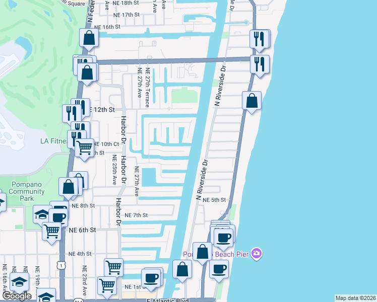 map of restaurants, bars, coffee shops, grocery stores, and more near 1031 Northeast 28th Terrace in Pompano Beach