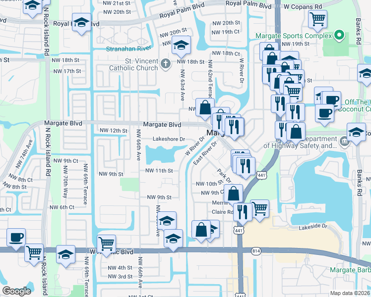 map of restaurants, bars, coffee shops, grocery stores, and more near 6278 Lakeshore Drive in Margate