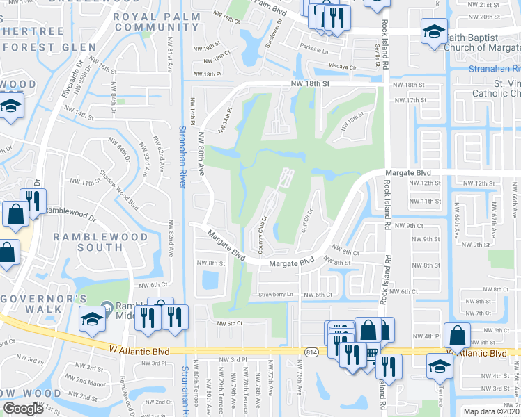 map of restaurants, bars, coffee shops, grocery stores, and more near 1055 Country Club Drive in Margate