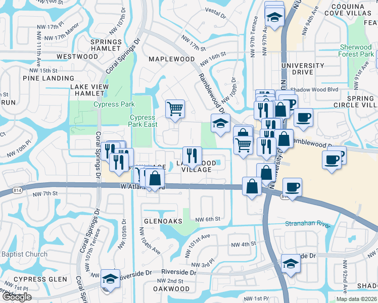 map of restaurants, bars, coffee shops, grocery stores, and more near 1044 Twin Lakes Drive in Coral Springs