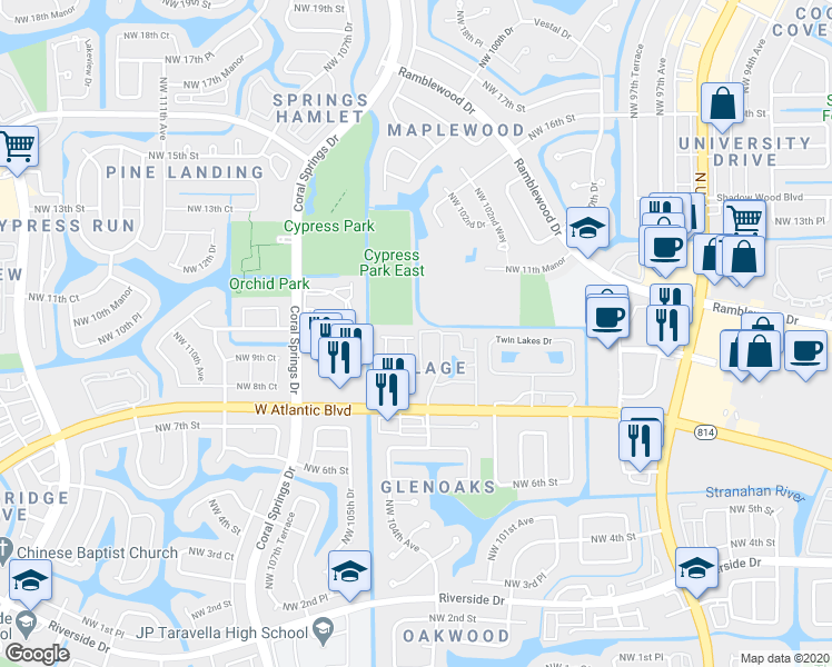 map of restaurants, bars, coffee shops, grocery stores, and more near 10451 Northwest 10th Court in Coral Springs