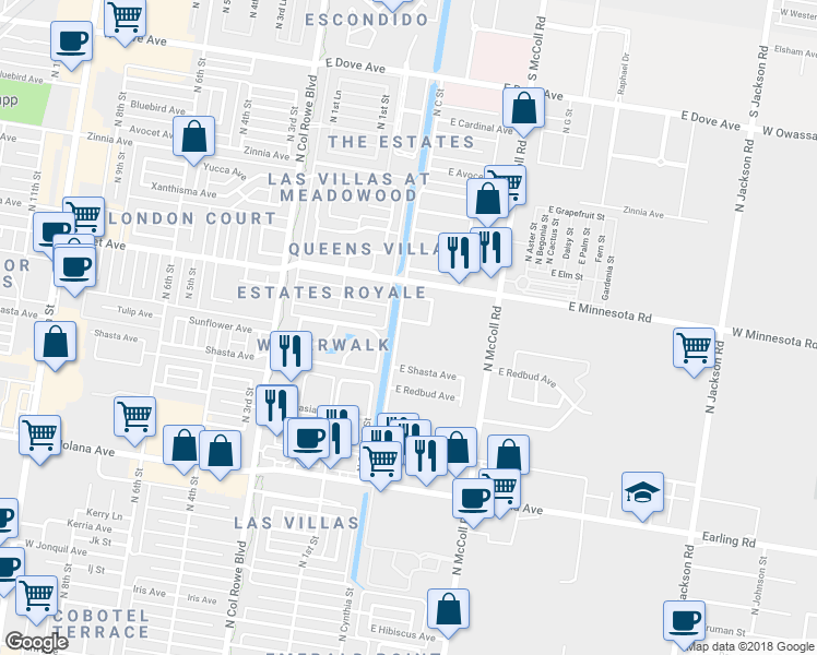 map of restaurants, bars, coffee shops, grocery stores, and more near 401 East Tulip Avenue in McAllen