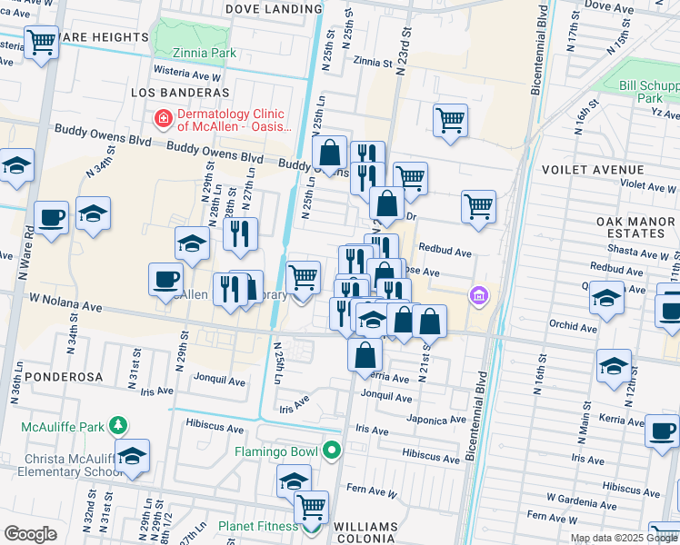 map of restaurants, bars, coffee shops, grocery stores, and more near 2425 Quamasia Avenue in McAllen