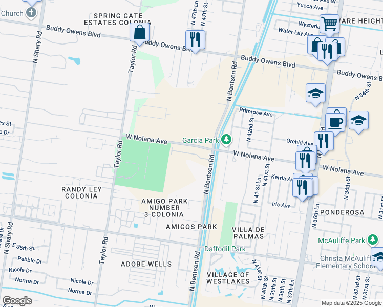 map of restaurants, bars, coffee shops, grocery stores, and more near 3901 North Bentsen Road in McAllen