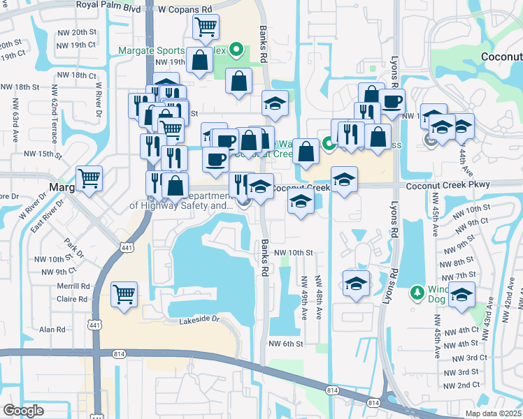map of restaurants, bars, coffee shops, grocery stores, and more near 1121 Banks Road in Margate