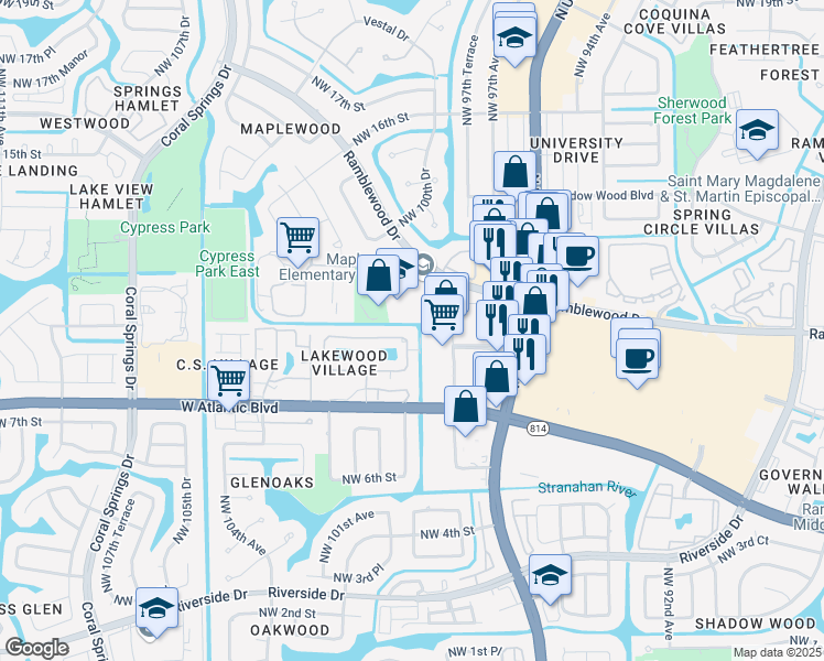 map of restaurants, bars, coffee shops, grocery stores, and more near 9850 Ramblewood Drive in Coral Springs