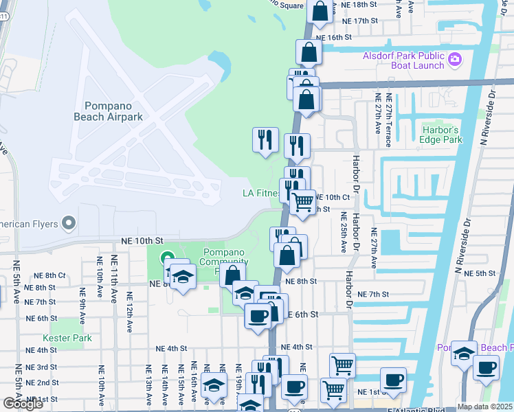 map of restaurants, bars, coffee shops, grocery stores, and more near 2001 Northeast 10th Street in Pompano Beach