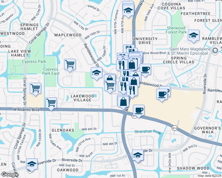 map of restaurants, bars, coffee shops, grocery stores, and more near 934 North University Drive in Coral Springs