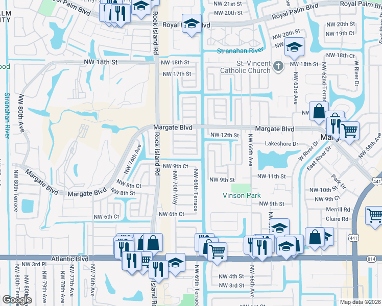map of restaurants, bars, coffee shops, grocery stores, and more near 6920 Northwest 11th Court in Margate
