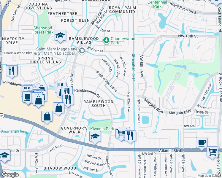 map of restaurants, bars, coffee shops, grocery stores, and more near 8362 Shadow Wood Boulevard in Coral Springs
