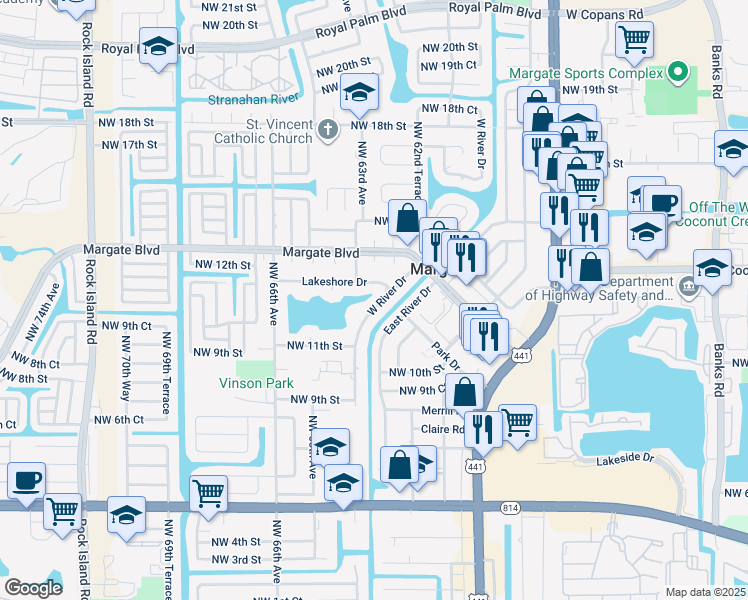 map of restaurants, bars, coffee shops, grocery stores, and more near 6278 Lakeshore Drive in Margate