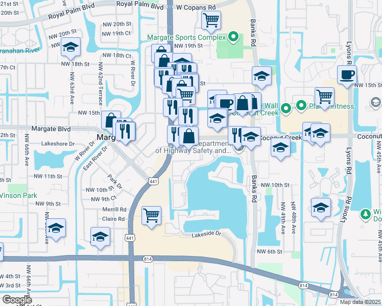 map of restaurants, bars, coffee shops, grocery stores, and more near 1200 Florida 7 in Margate