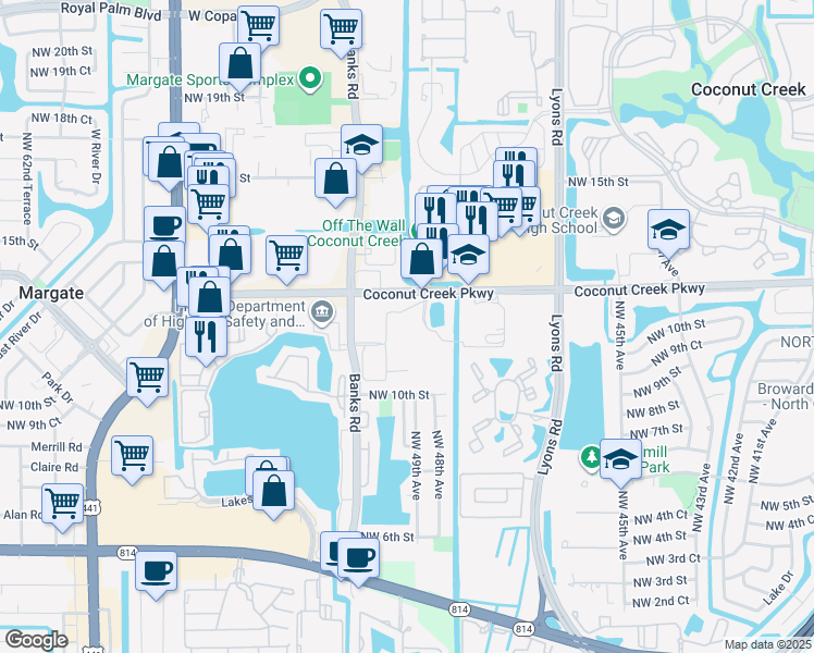 map of restaurants, bars, coffee shops, grocery stores, and more near 4700 Coconut Creek Parkway in Margate