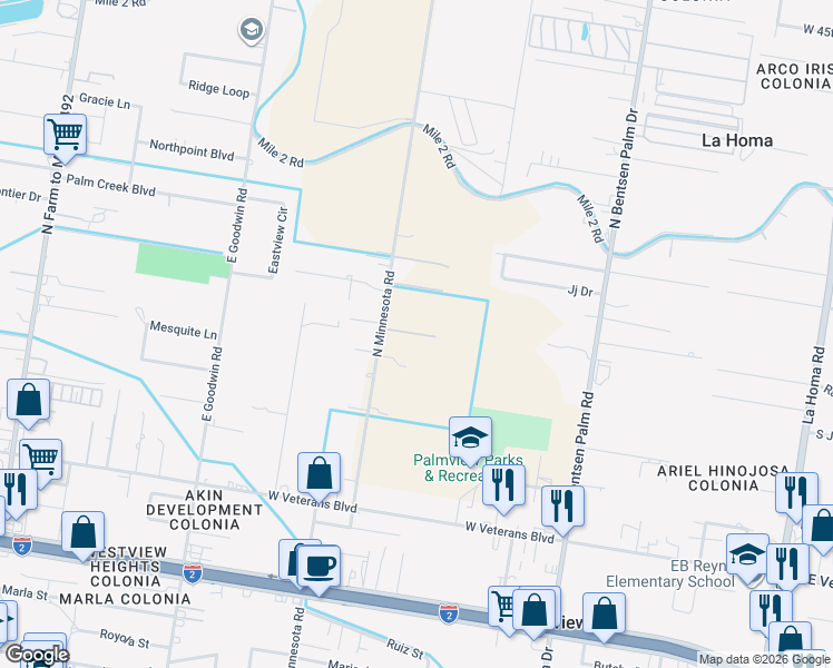 map of restaurants, bars, coffee shops, grocery stores, and more near 1018 Minnesota Road in Palmview
