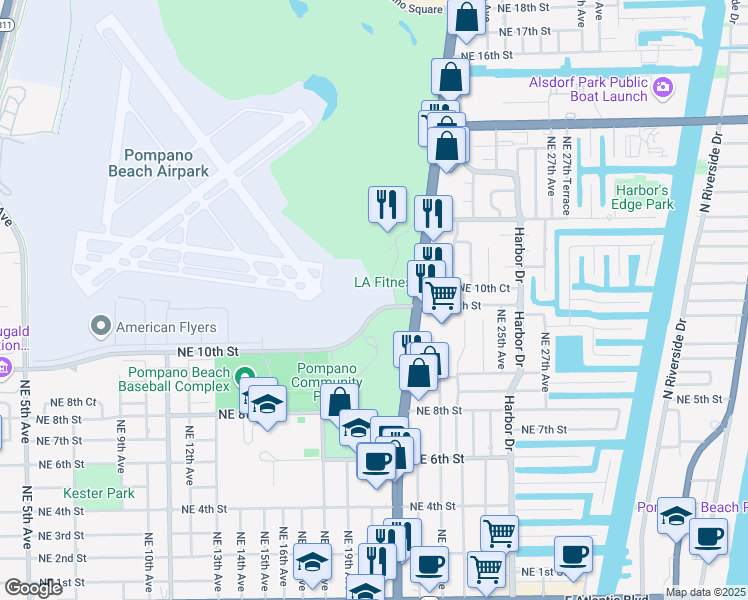 map of restaurants, bars, coffee shops, grocery stores, and more near 2001 Northeast 10th Street in Pompano Beach
