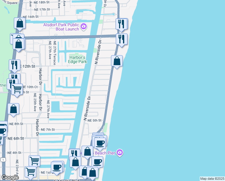 map of restaurants, bars, coffee shops, grocery stores, and more near 723 North Ocean Boulevard in Pompano Beach