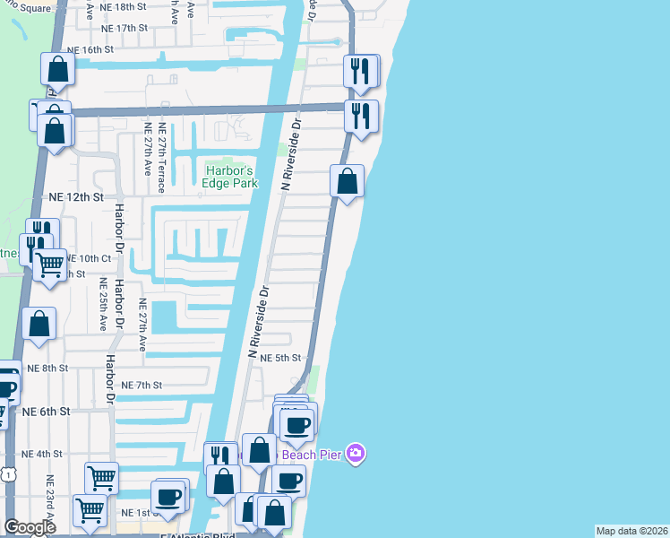 map of restaurants, bars, coffee shops, grocery stores, and more near 723 North Ocean Boulevard in Pompano Beach