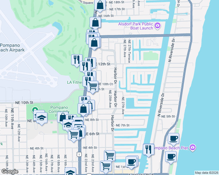 map of restaurants, bars, coffee shops, grocery stores, and more near 2521 Northeast 10th Court in Pompano Beach