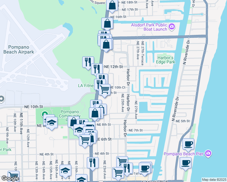 map of restaurants, bars, coffee shops, grocery stores, and more near 1021 Northeast 24th Avenue in Pompano Beach