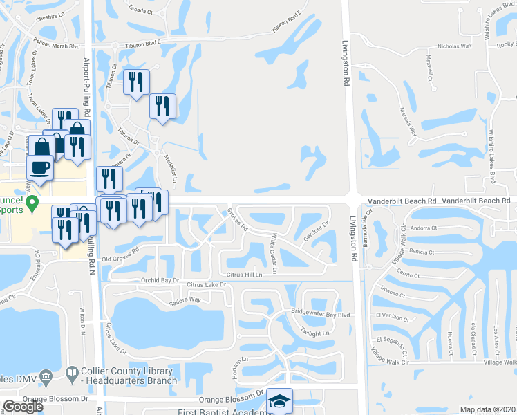 map of restaurants, bars, coffee shops, grocery stores, and more near 7718 Groves Road in Naples