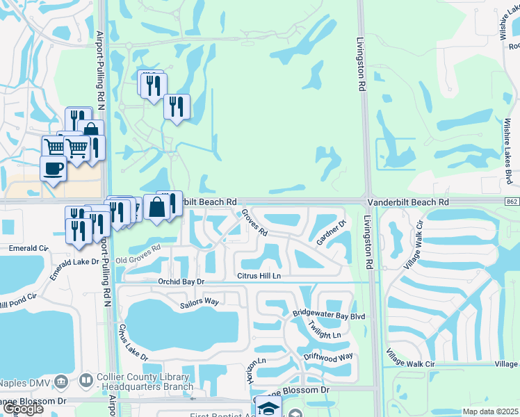 map of restaurants, bars, coffee shops, grocery stores, and more near 7718 Groves Road in Naples