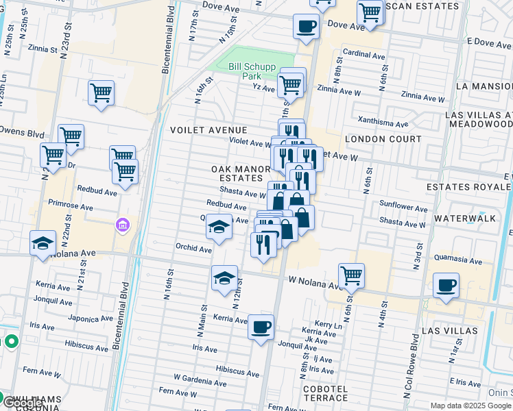 map of restaurants, bars, coffee shops, grocery stores, and more near 1118 Redbud Avenue in McAllen