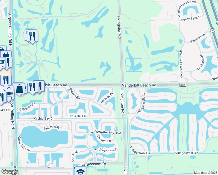 map of restaurants, bars, coffee shops, grocery stores, and more near 7705 Gardner Drive in Naples