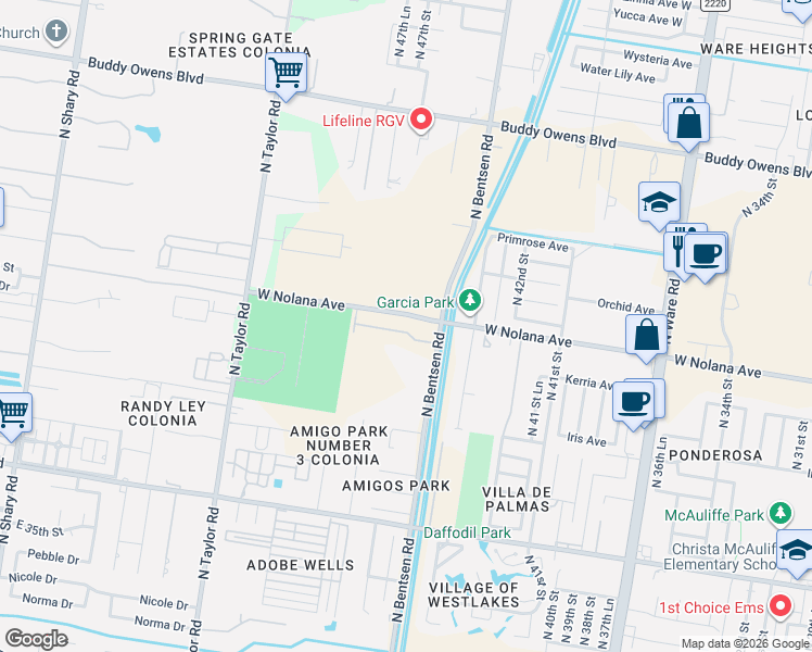 map of restaurants, bars, coffee shops, grocery stores, and more near 4512 Larkspur Avenue in McAllen
