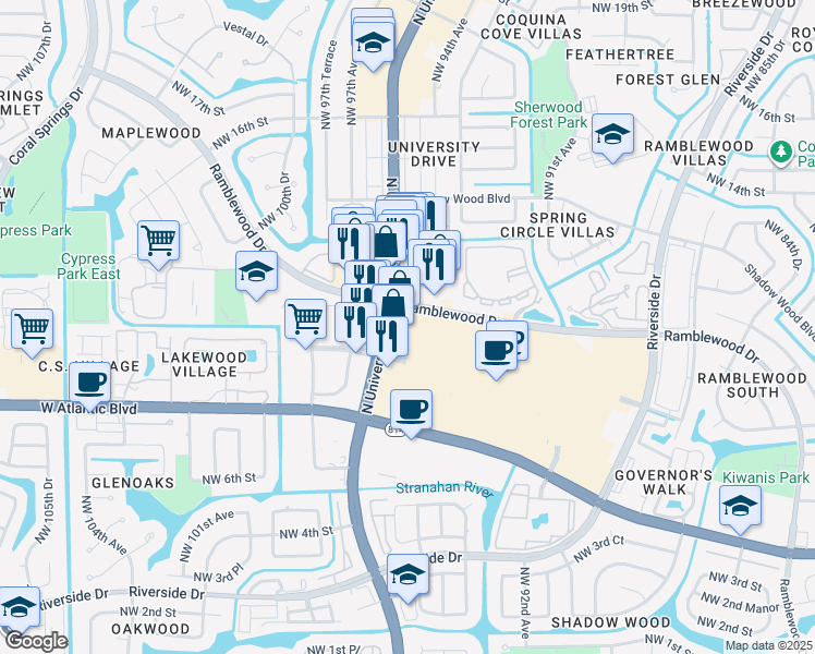 map of restaurants, bars, coffee shops, grocery stores, and more near 9430-9598 Ramblewood Dr in Coral Springs