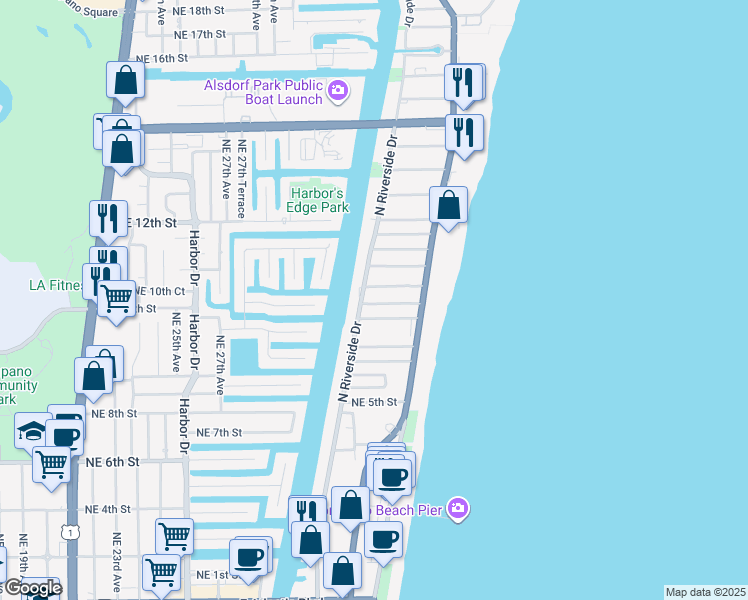 map of restaurants, bars, coffee shops, grocery stores, and more near 3209 Northeast 7th Place in Pompano Beach