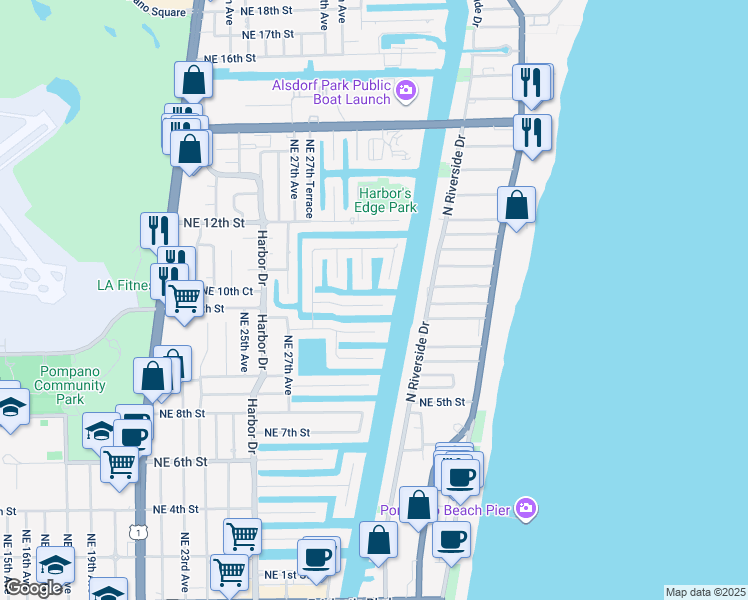 map of restaurants, bars, coffee shops, grocery stores, and more near 2739 Northeast 10th Street in Pompano Beach