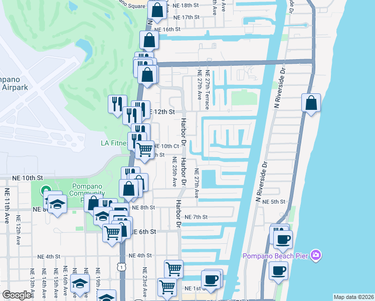 map of restaurants, bars, coffee shops, grocery stores, and more near 1008 Northeast 26th Avenue in Pompano Beach