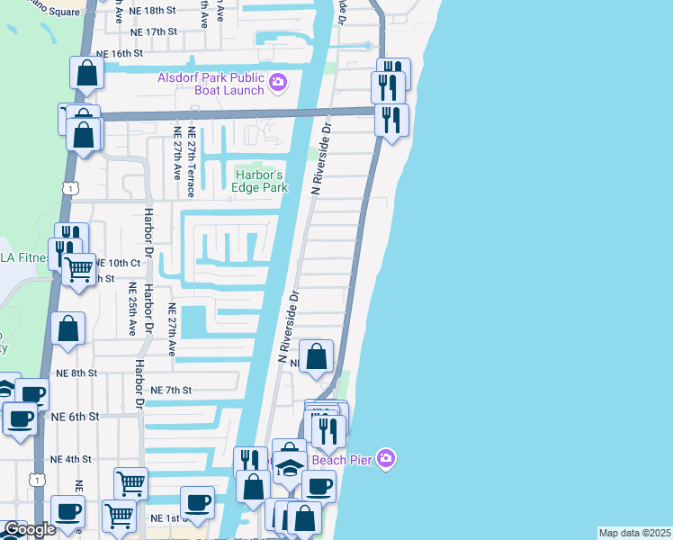 map of restaurants, bars, coffee shops, grocery stores, and more near 3221 Northeast 7th Place in Pompano Beach
