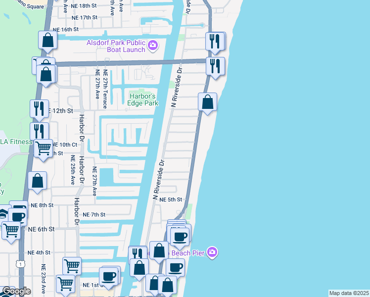 map of restaurants, bars, coffee shops, grocery stores, and more near 3221 Northeast 7th Place in Pompano Beach