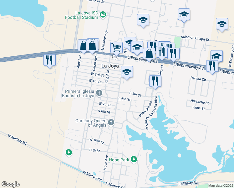 map of restaurants, bars, coffee shops, grocery stores, and more near 120 West 5th Street in La Joya