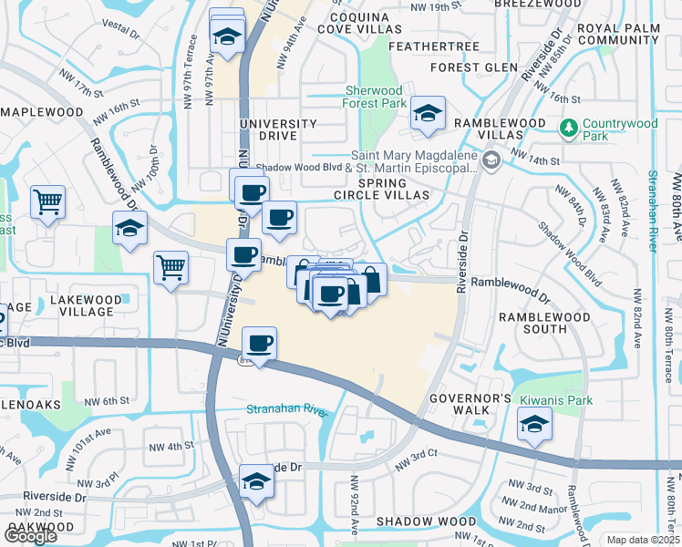 map of restaurants, bars, coffee shops, grocery stores, and more near 9155 Ramblewood Drive in Coral Springs