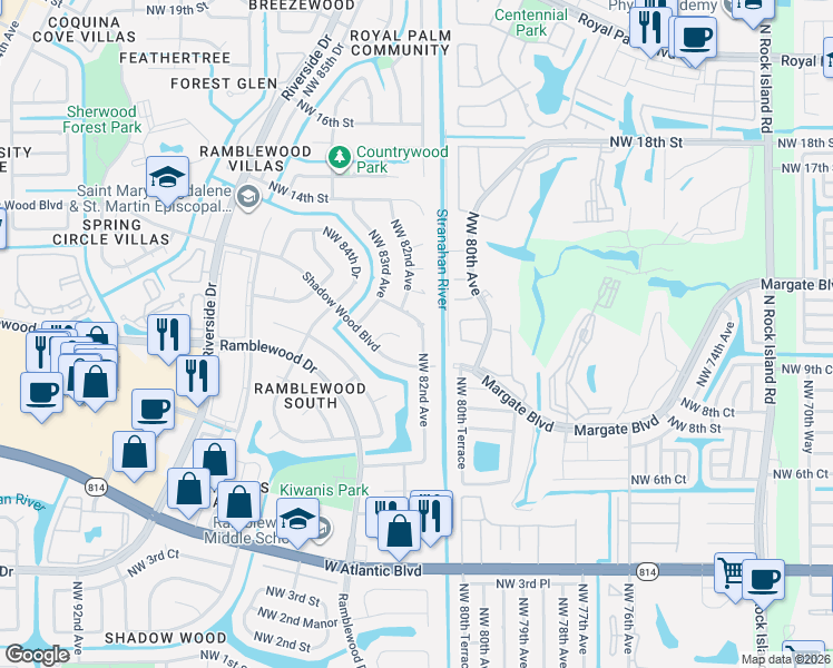 map of restaurants, bars, coffee shops, grocery stores, and more near 1060 Northwest 82nd Avenue in Coral Springs