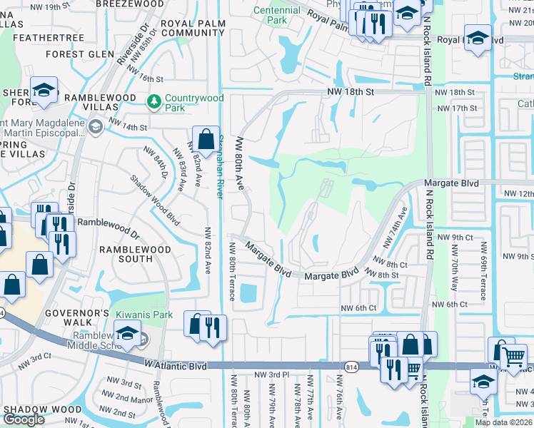 map of restaurants, bars, coffee shops, grocery stores, and more near 1150 Northwest 80th Avenue in Margate