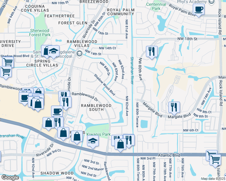 map of restaurants, bars, coffee shops, grocery stores, and more near 1065 Northwest 83rd Avenue in Coral Springs